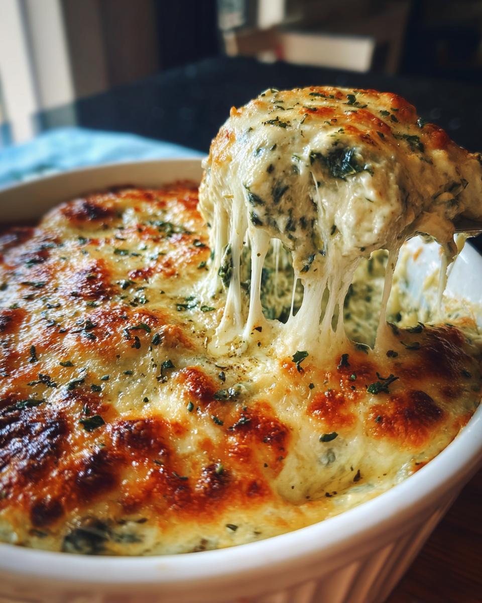 A spoonful of hot spinach artichoke dip showing extreme cheese pull over the baked, bubbly dip.
