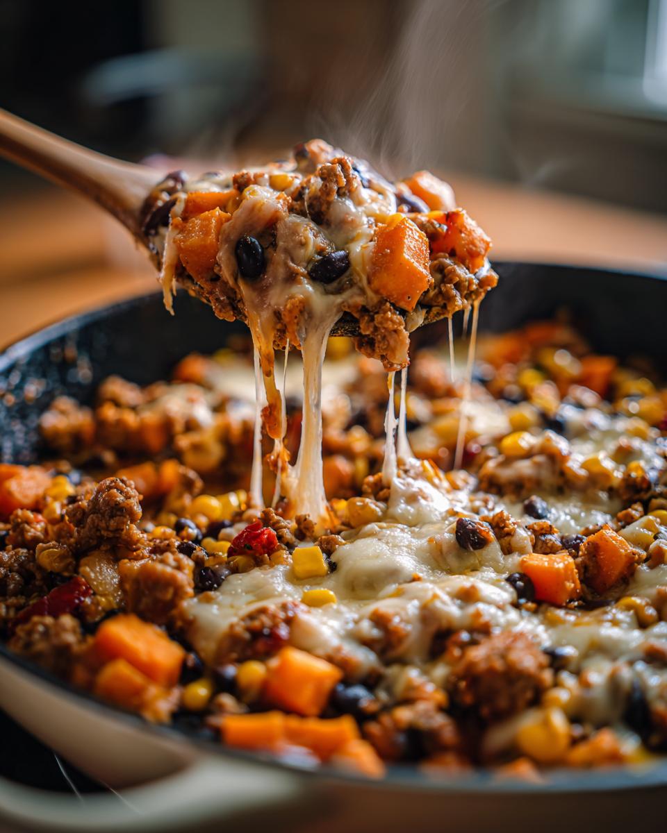 A wooden spoon lifts a cheesy, steaming scoop of sweet potato skillet mixture from the pan.