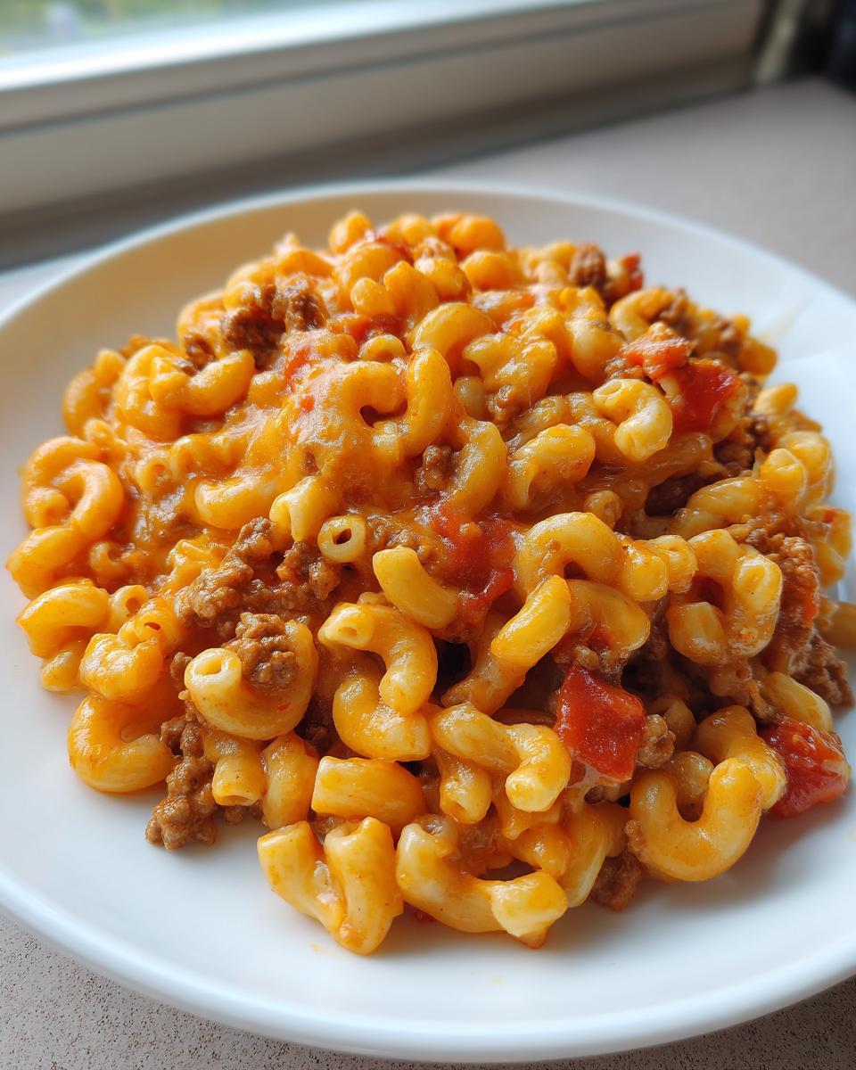 Close-up of a serving of cheesy taco pasta featuring elbow macaroni, ground meat, and diced tomatoes on a white plate.