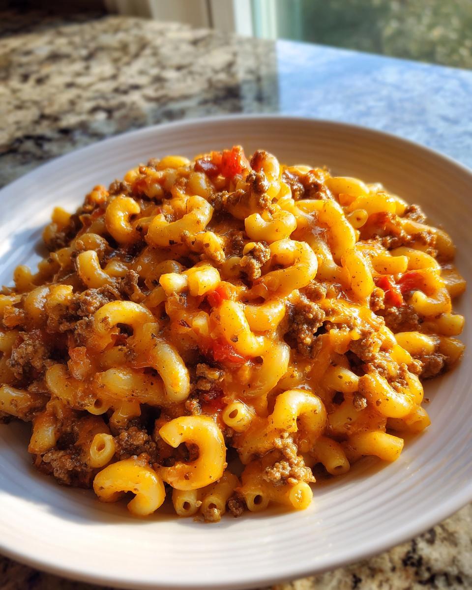 A close-up shot of a serving of cheesy taco pasta made with elbow macaroni and seasoned ground beef.