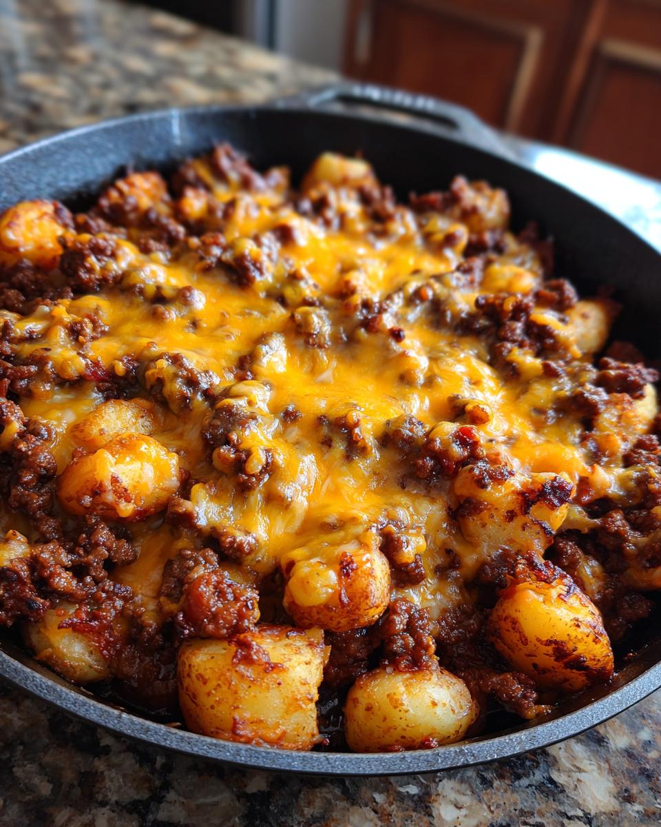 A close-up view of Cheesy Taco Potatoes featuring crispy tater tots smothered in seasoned ground beef and melted cheddar cheese in a cast iron skillet.