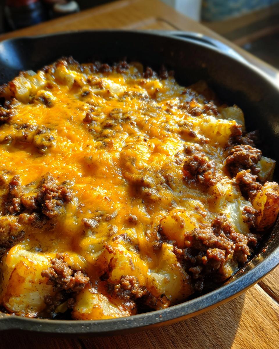 Close-up of Cheesy Taco Potatoes topped with melted cheddar cheese and seasoned ground beef in a cast iron skillet.