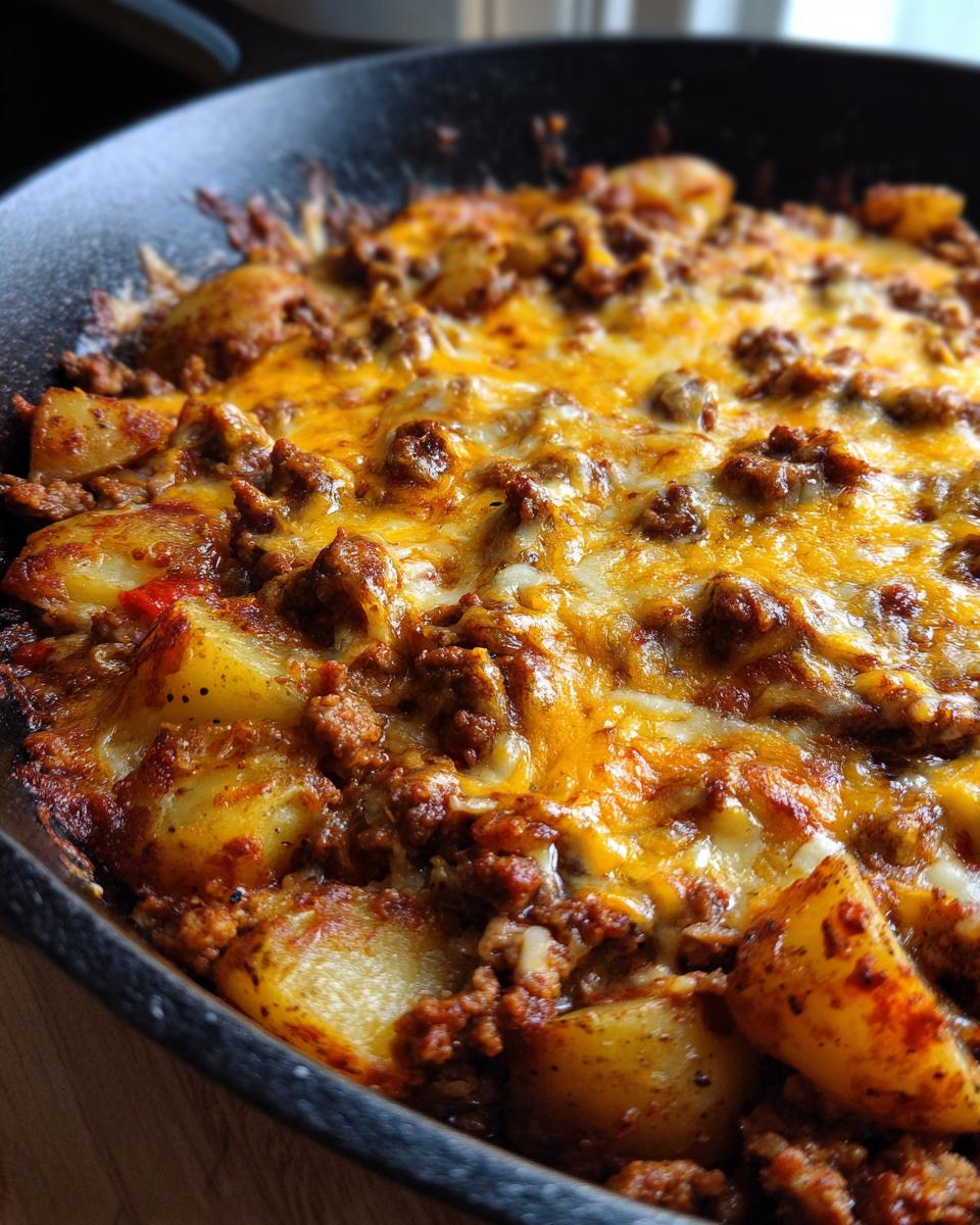A close-up view of Cheesy Taco Potatoes baked in a cast iron skillet, topped with melted cheddar cheese and seasoned ground meat.