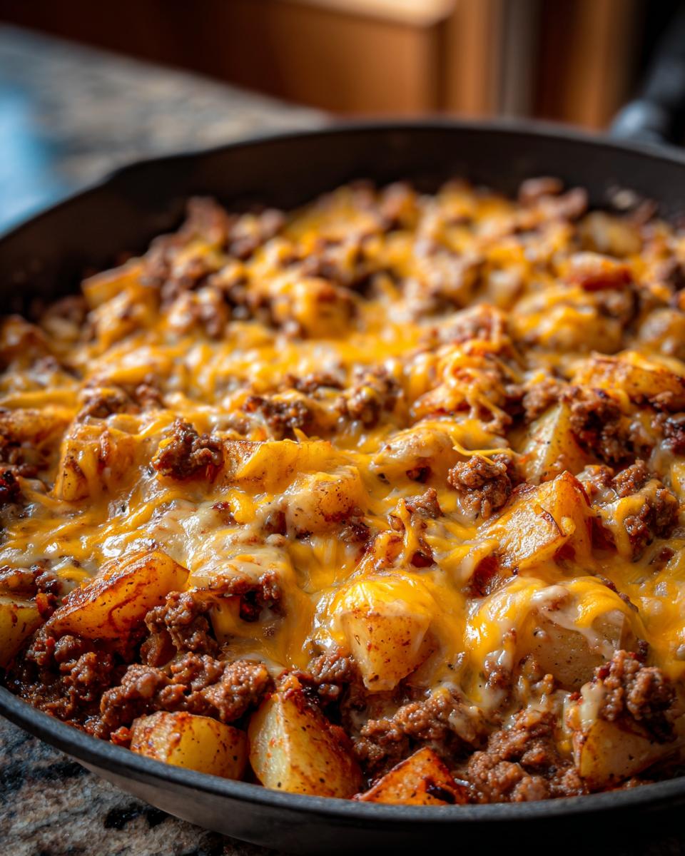 Close-up of Cheesy Taco Potatoes topped with melted cheddar cheese and seasoned ground beef in a cast iron skillet.