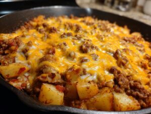 Close-up of Cheesy Taco Potatoes topped with melted cheddar and Monterey Jack cheese in a cast iron skillet.