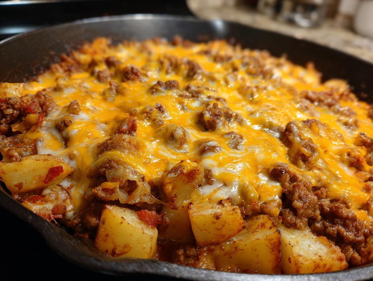 Close-up of Cheesy Taco Potatoes topped with melted cheddar and Monterey Jack cheese in a cast iron skillet.