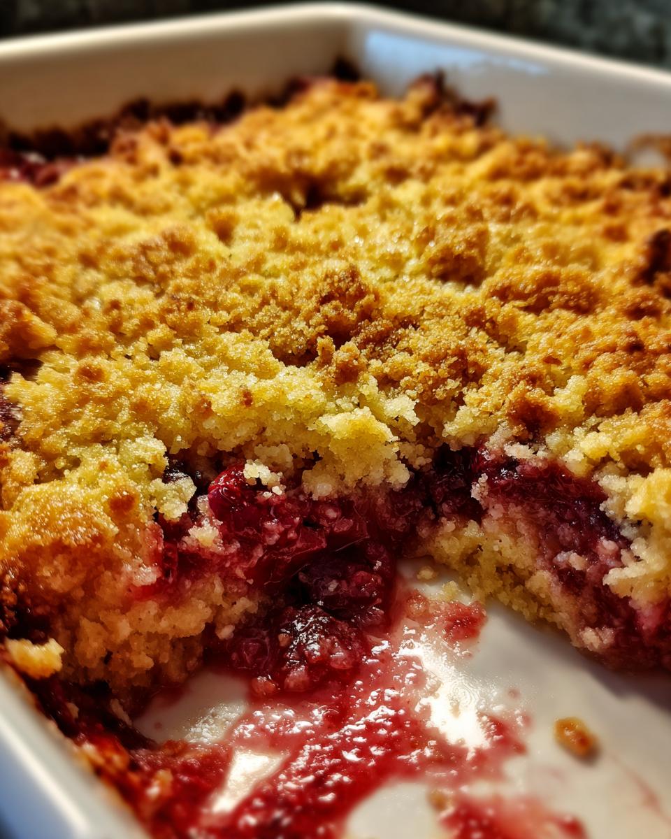 Close-up of a baked cherry dump cake showing the golden crumb topping and rich, bubbling red cherry filling.