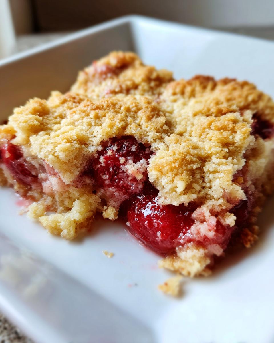 A close-up of a warm slice of cherry dump cake showing gooey cherry filling and a crumbly topping.