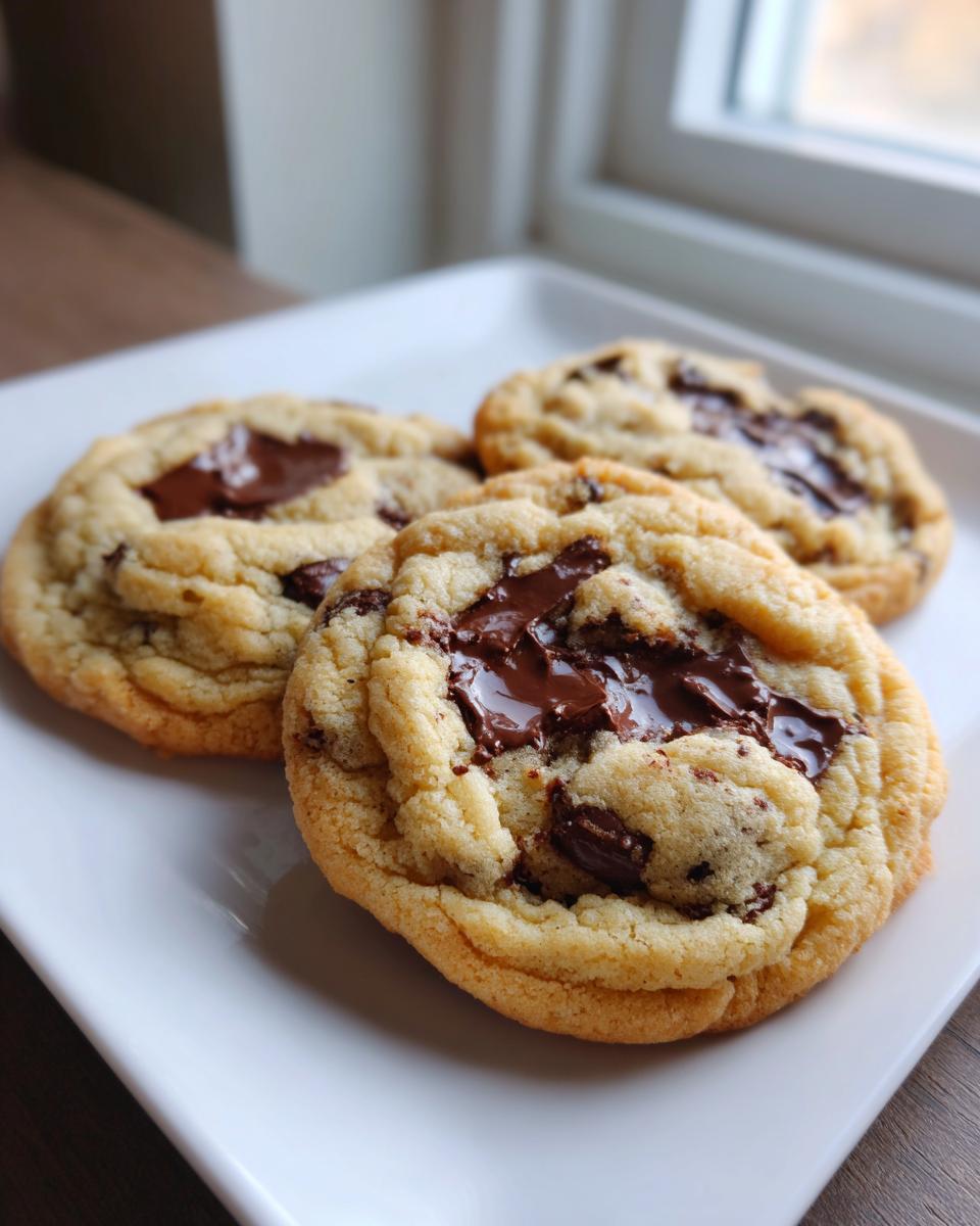 Close-up of three freshly baked, thick, and chewy chocolate chip cookies with melted chocolate pools on a white plate.