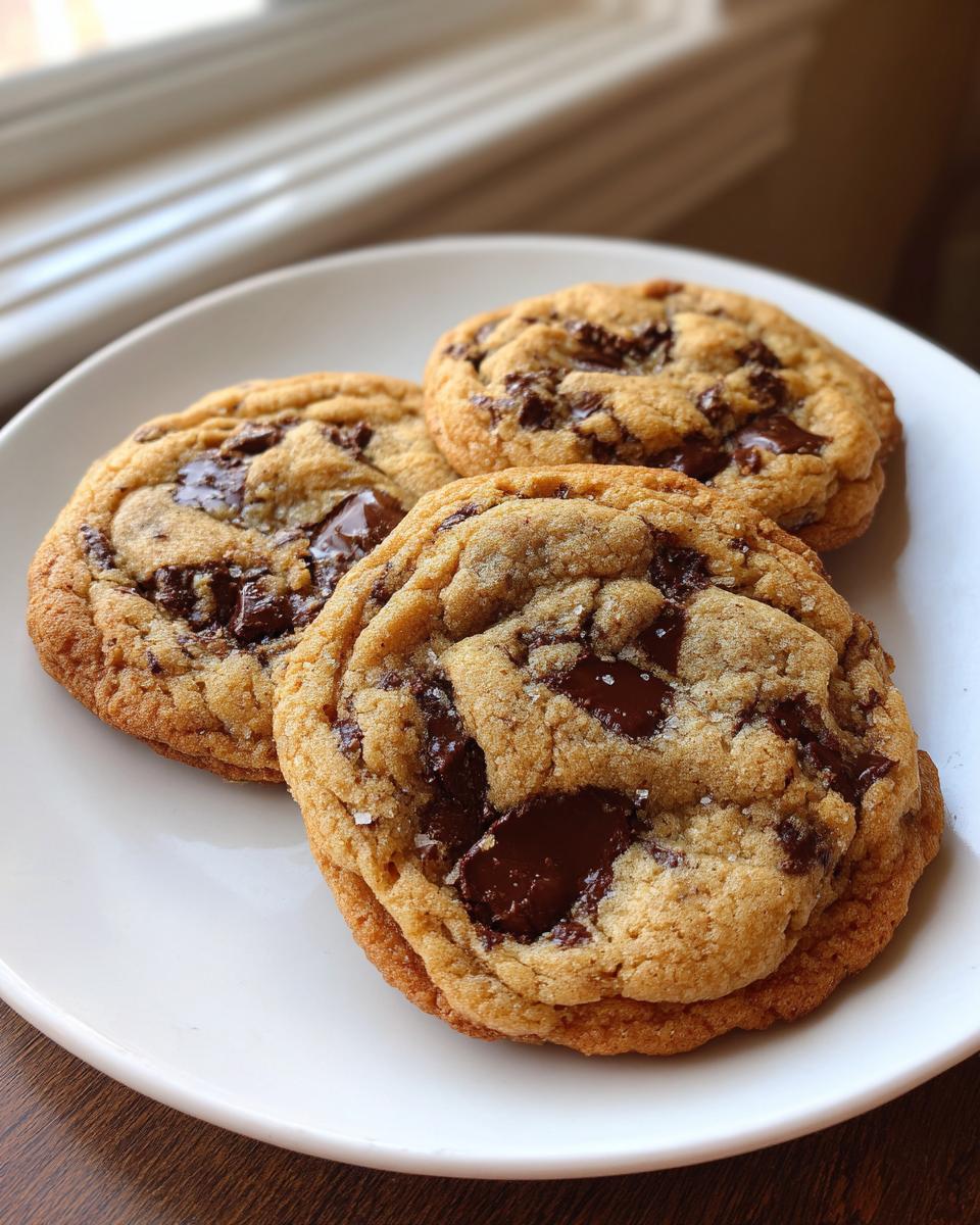 Three perfectly baked, chewy chocolate chip cookies with melted chocolate chunks and sea salt on a white plate.