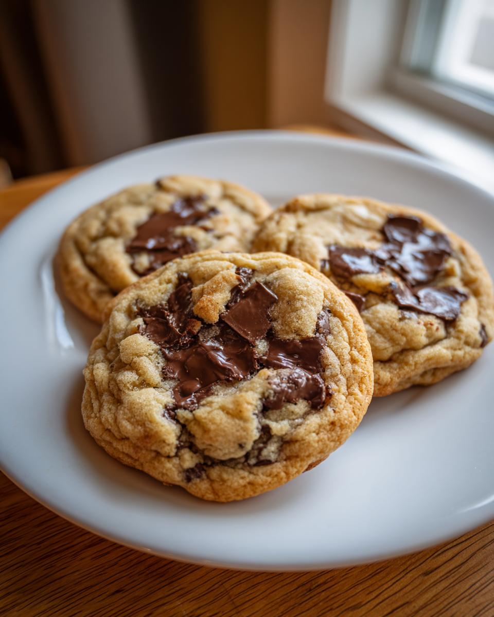 Three perfectly baked, thick, and chewy chocolate chip cookies with melted chocolate chunks on a white plate.