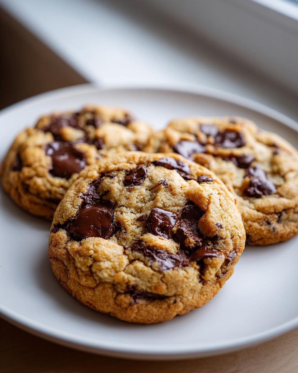 Three close-up, freshly baked chewy chocolate chip cookies piled on a white plate, featuring melted chocolate chunks.