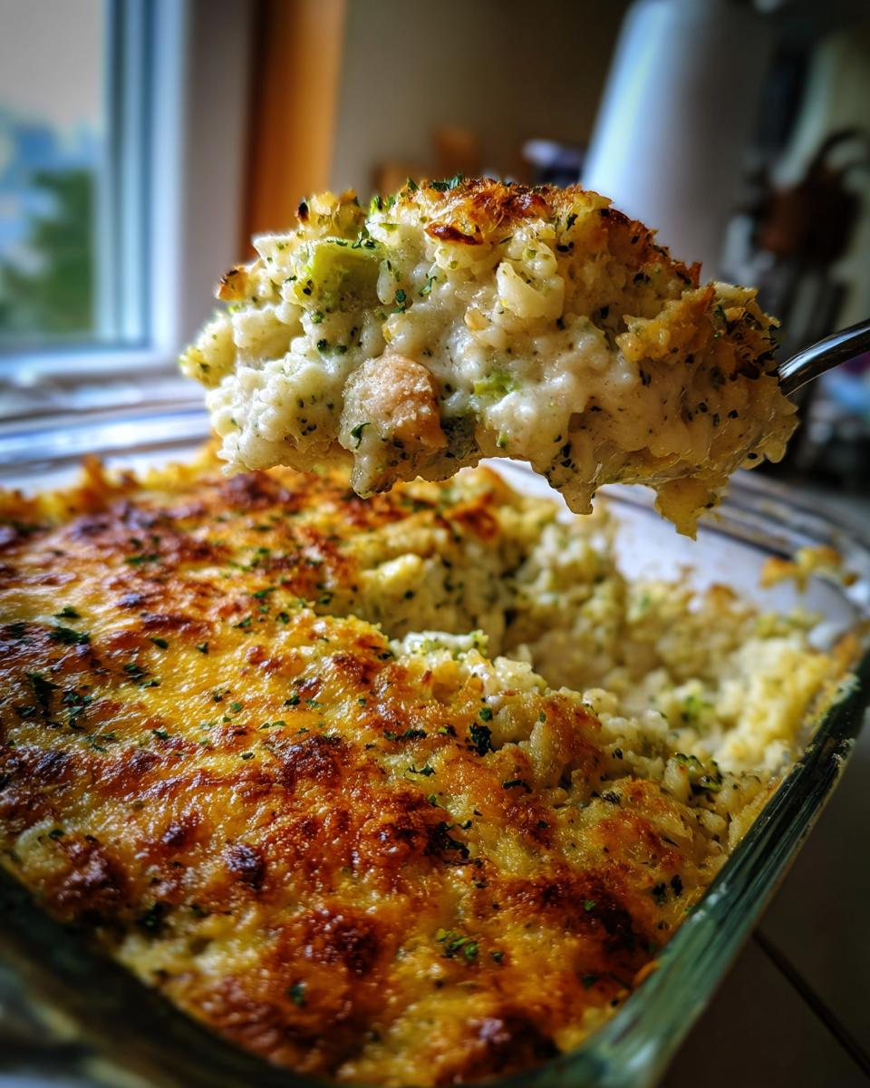 A spoonful of creamy chicken broccoli rice casserole being lifted from a glass baking dish with a golden, cheesy crust.