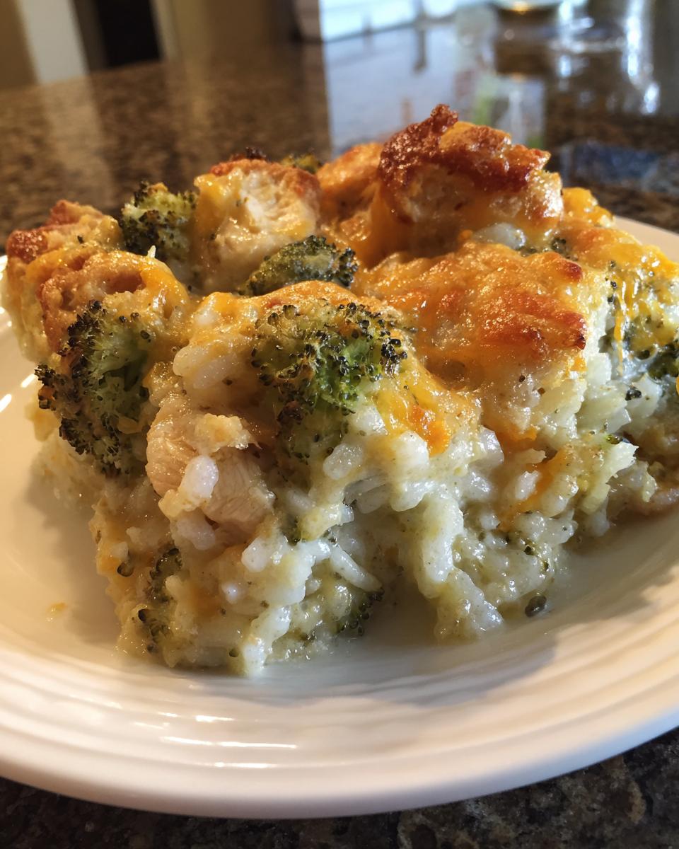 A close-up of a serving of creamy chicken broccoli rice casserole topped with melted, slightly browned cheddar cheese.