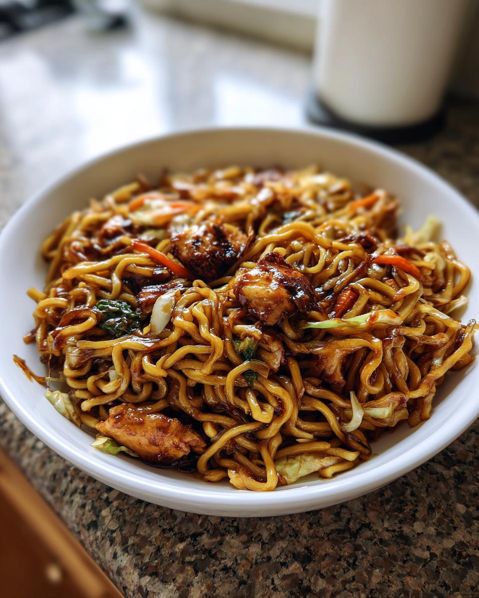 Close-up of a white bowl filled with saucy chicken chow mein recipe, featuring noodles, chicken pieces, and vegetables.