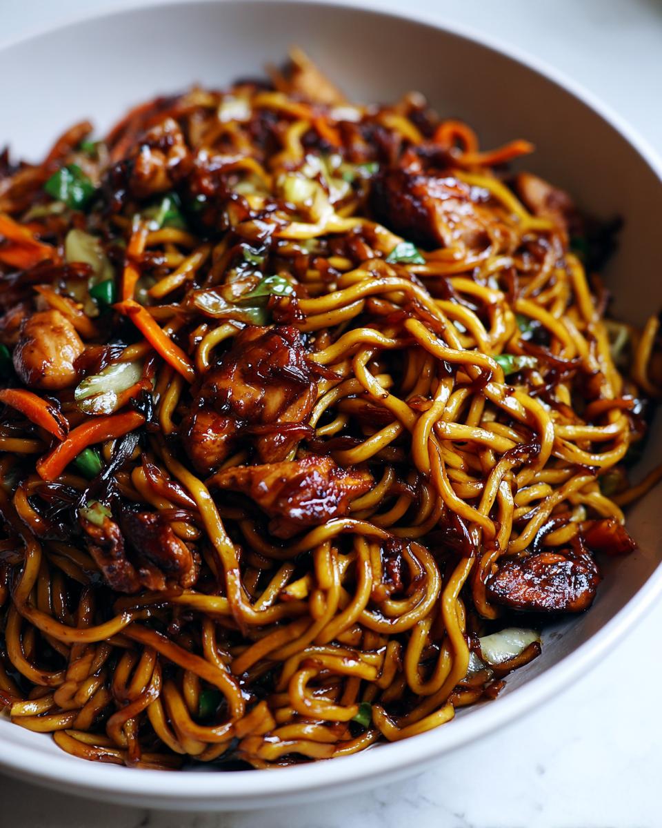 A close-up shot of a bowl filled with glossy, dark brown chicken chow mein recipe noodles mixed with pieces of chicken and shredded vegetables.