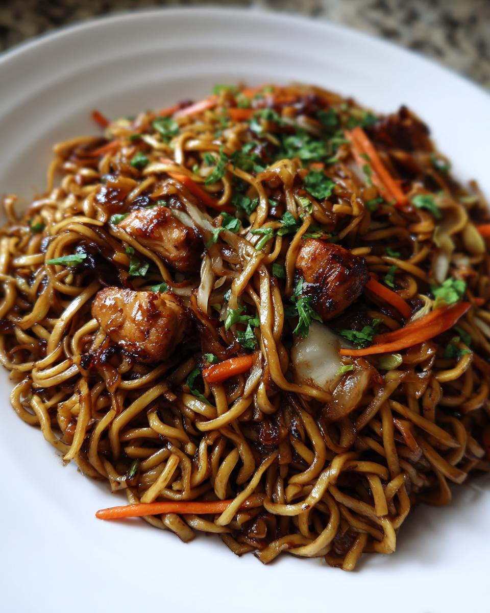 Close-up of a plate piled high with saucy chicken chow mein recipe noodles, chicken pieces, and shredded carrots.