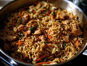Close-up of a sizzling chicken chow mein recipe being cooked in a large metal wok with noodles, chicken pieces, and shredded vegetables.