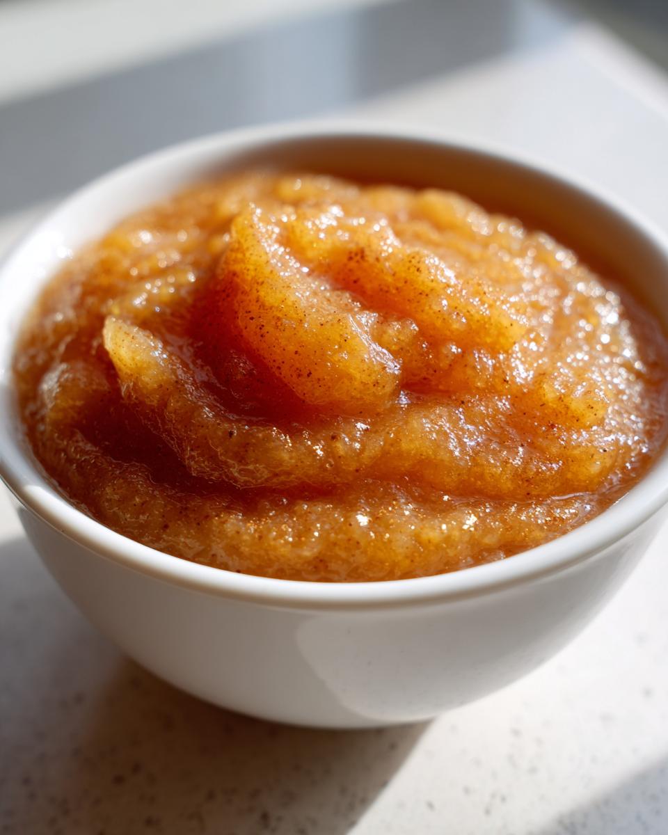 Close-up of chunky, spiced applesauce in a small white bowl, showing texture and cinnamon specks.