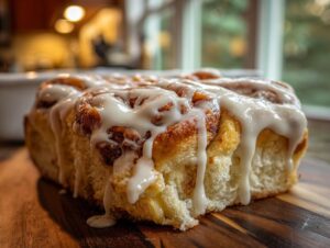 A close-up, mouthwatering shot of a freshly baked cinnamon roll casserole slice dripping with white icing.