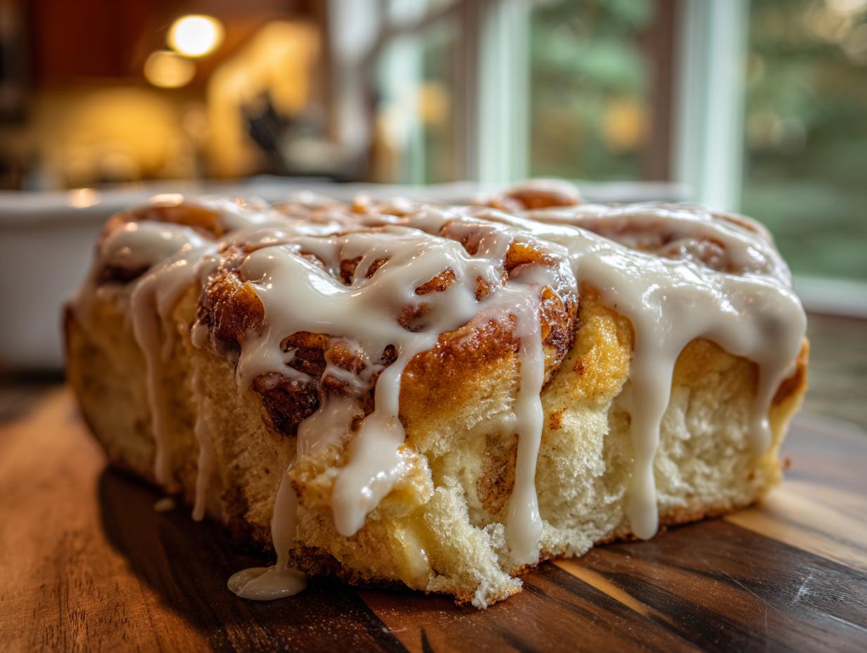 A close-up, mouthwatering shot of a freshly baked cinnamon roll casserole slice dripping with white icing.