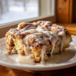 A decadent slice of cinnamon roll casserole generously topped with dripping white icing, served on a white plate.