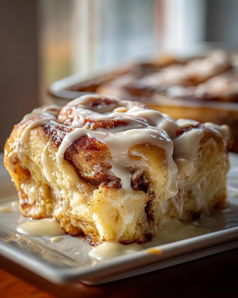 A close-up of a single, gooey serving of cinnamon roll casserole topped with thick white icing.