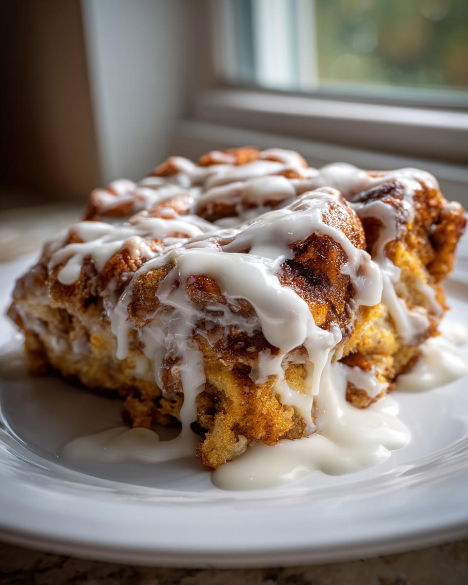 A close-up of a warm slice of Cinnamon roll casserole generously topped with dripping white icing on a white plate.