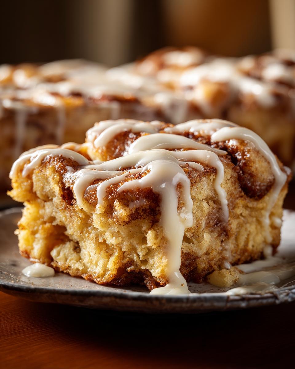 A decadent, fluffy slice of cinnamon roll casserole topped with thick white icing, dripping down the side.