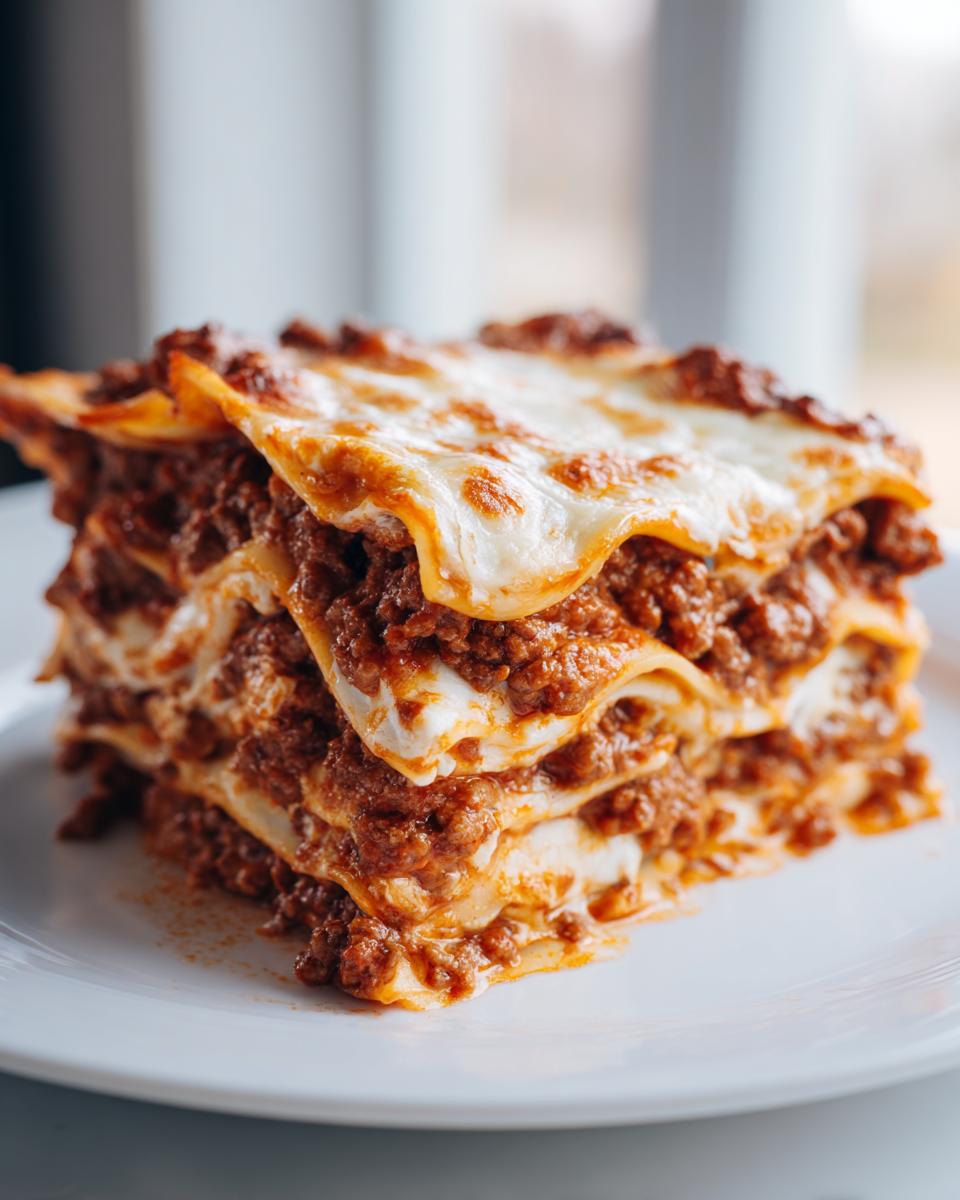 A thick, multi-layered slice of classic lasagna featuring rich meat sauce and melted cheese topping.