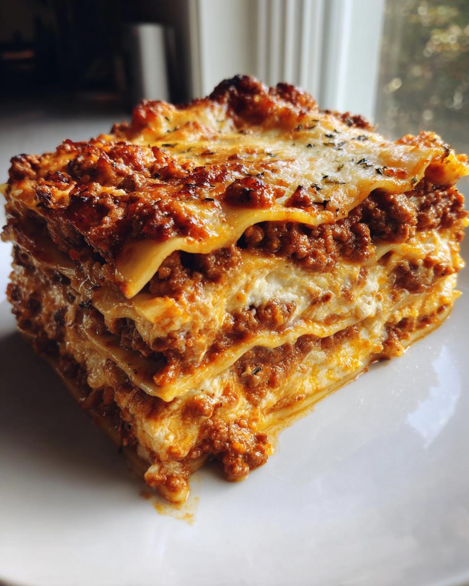 A tall, layered slice of classic lasagna featuring rich meat sauce and creamy cheese layers.