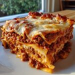 A close-up, appetizing slice of classic lasagna showing multiple layers of pasta, rich meat sauce, and melted cheese topping.