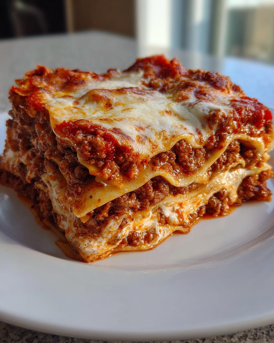 A thick, layered slice of classic lasagna with rich meat sauce and melted cheese topping.