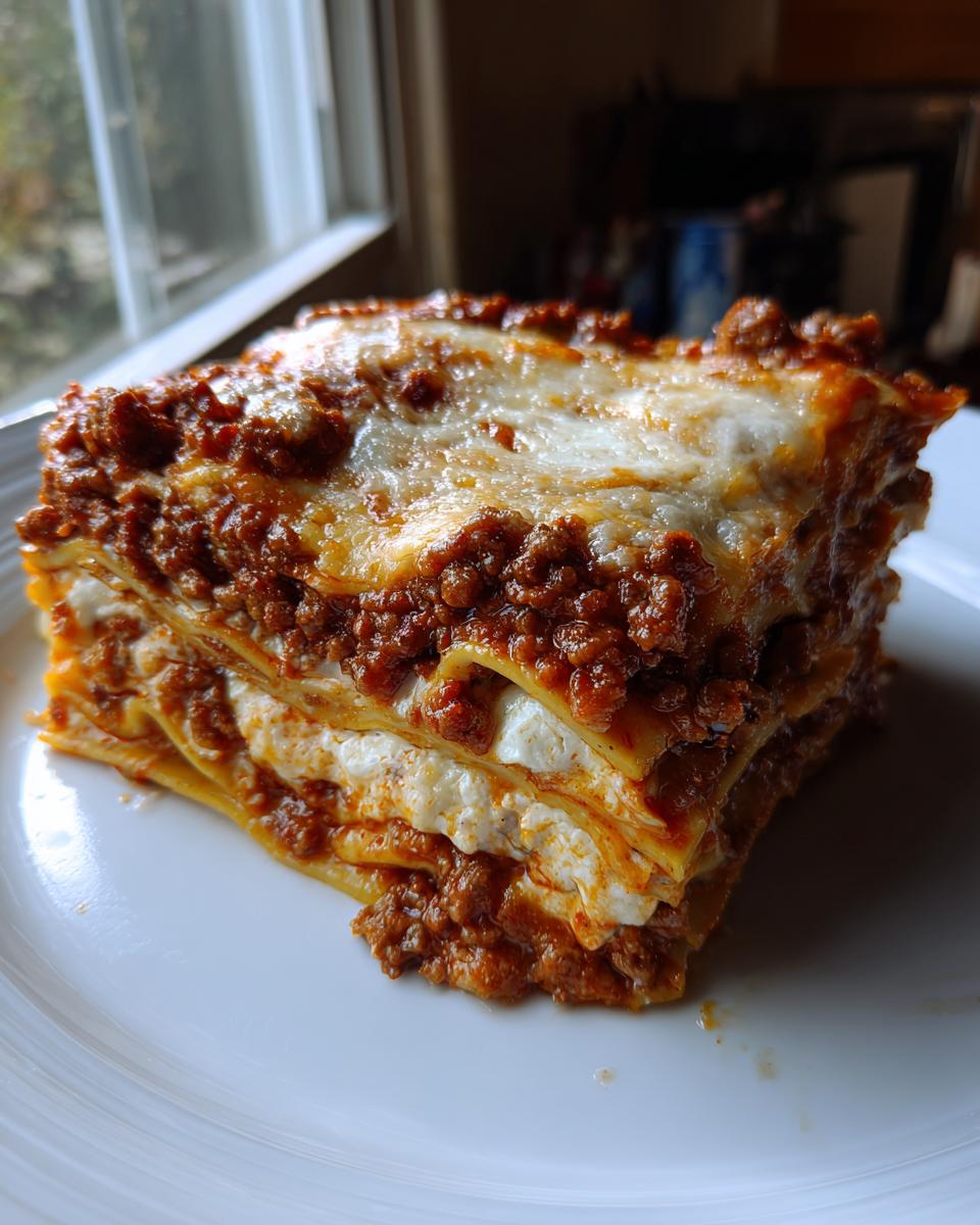 A thick, layered slice of classic lasagna featuring rich meat sauce and creamy white cheese, served on a white plate.