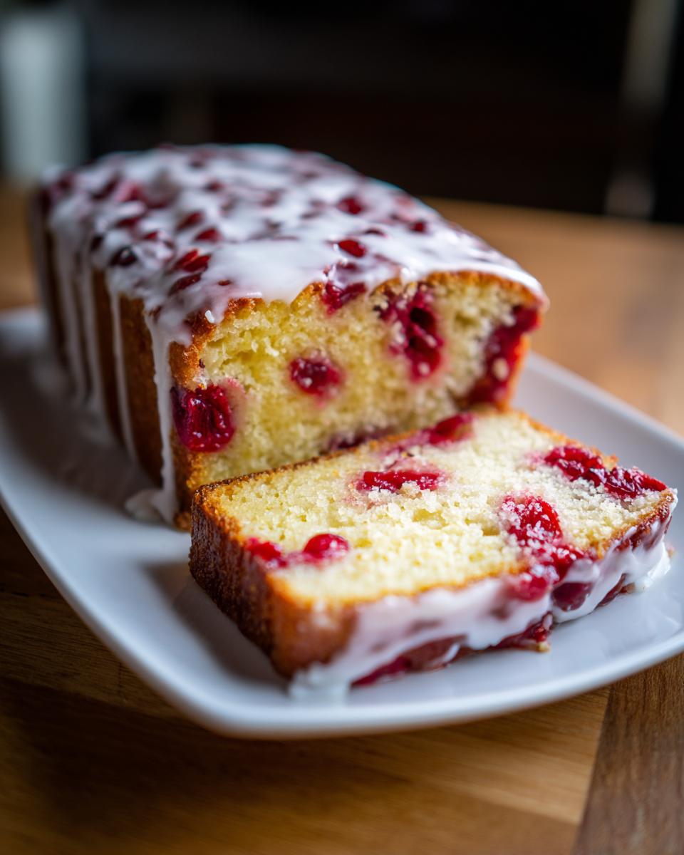 A loaf of cranberry orange cake drizzled with white icing, with one slice cut and resting beside it.
