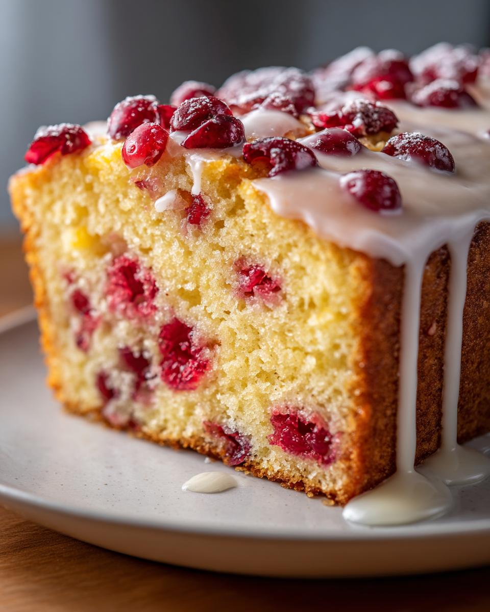 Close-up of a moist slice of cranberry orange cake topped with white glaze and whole cranberries.