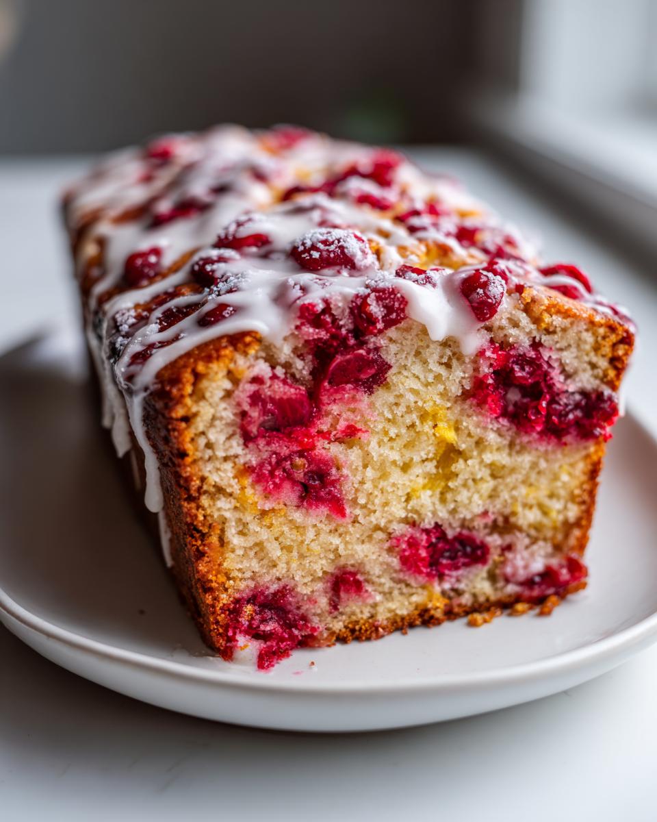 Close-up of a slice of moist cranberry orange cake, topped with a bright white citrus glaze and baked cranberries.