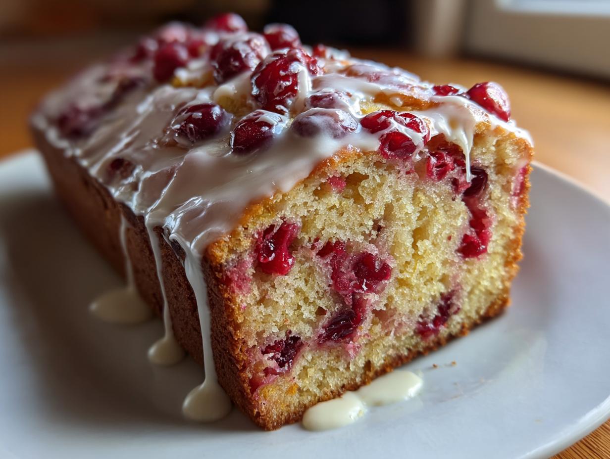Close-up of a slice of cranberry orange cake, studded with bright red cranberries and drizzled with white citrus glaze.