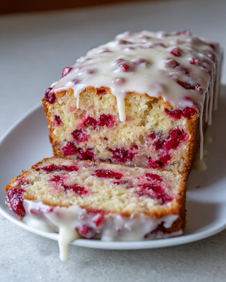 A loaf of cranberry orange cake, partially sliced, topped with a thick, dripping vanilla glaze.