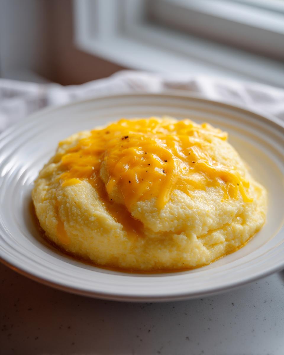 A close-up of creamy cheese grits served on a white plate, generously topped with melted bright orange cheddar cheese and black pepper.
