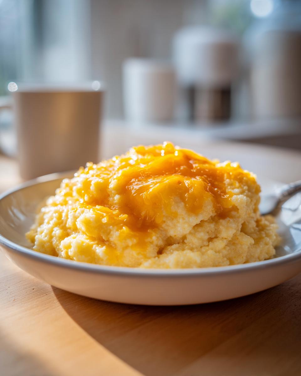 A close-up of a bowl of creamy cheese grits topped with melted orange cheddar cheese.