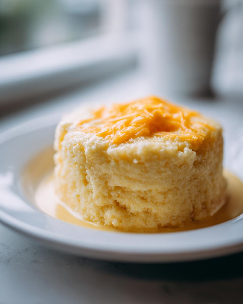 A perfectly molded serving of creamy cheese grits topped with shredded cheddar cheese, sitting in a pool of melted butter or sauce.