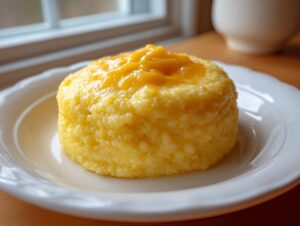 A perfectly molded serving of creamy, yellow cheese grits topped with melted cheddar cheese.