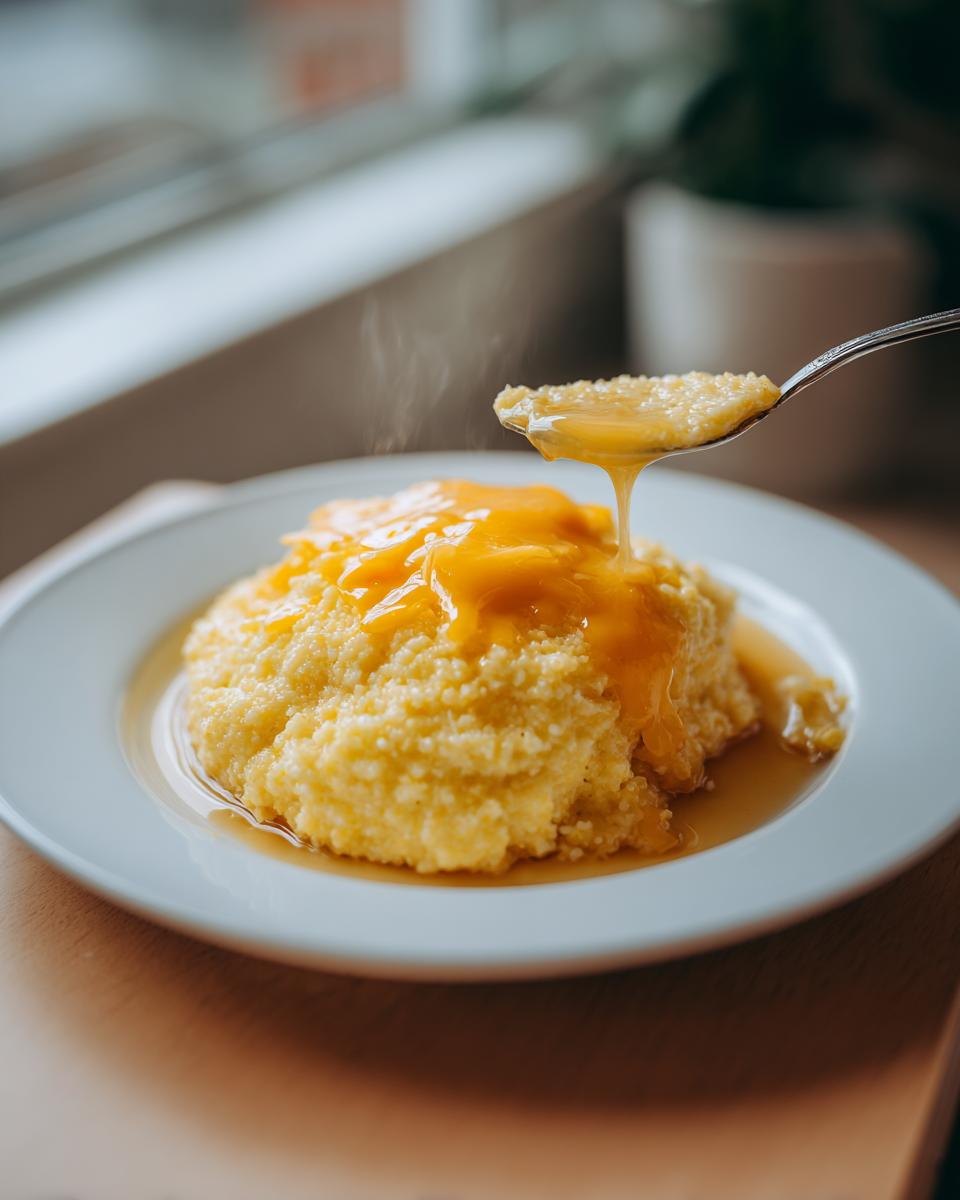 A spoonful of melted cheese is drizzled over a mound of hot, steaming cheese grits served on a white plate.
