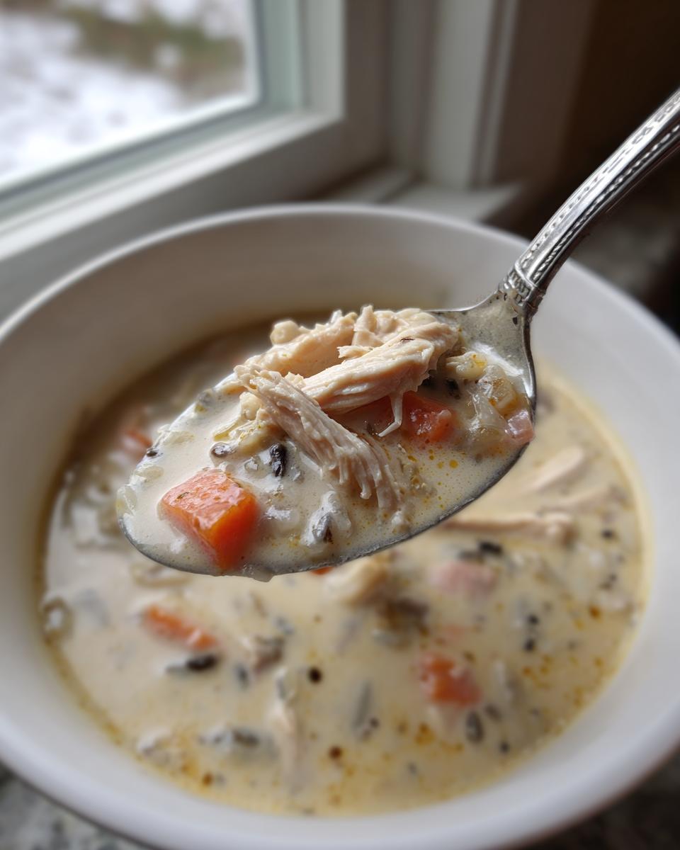 A spoonful of creamy chicken wild rice soup showing shredded chicken and diced carrots.