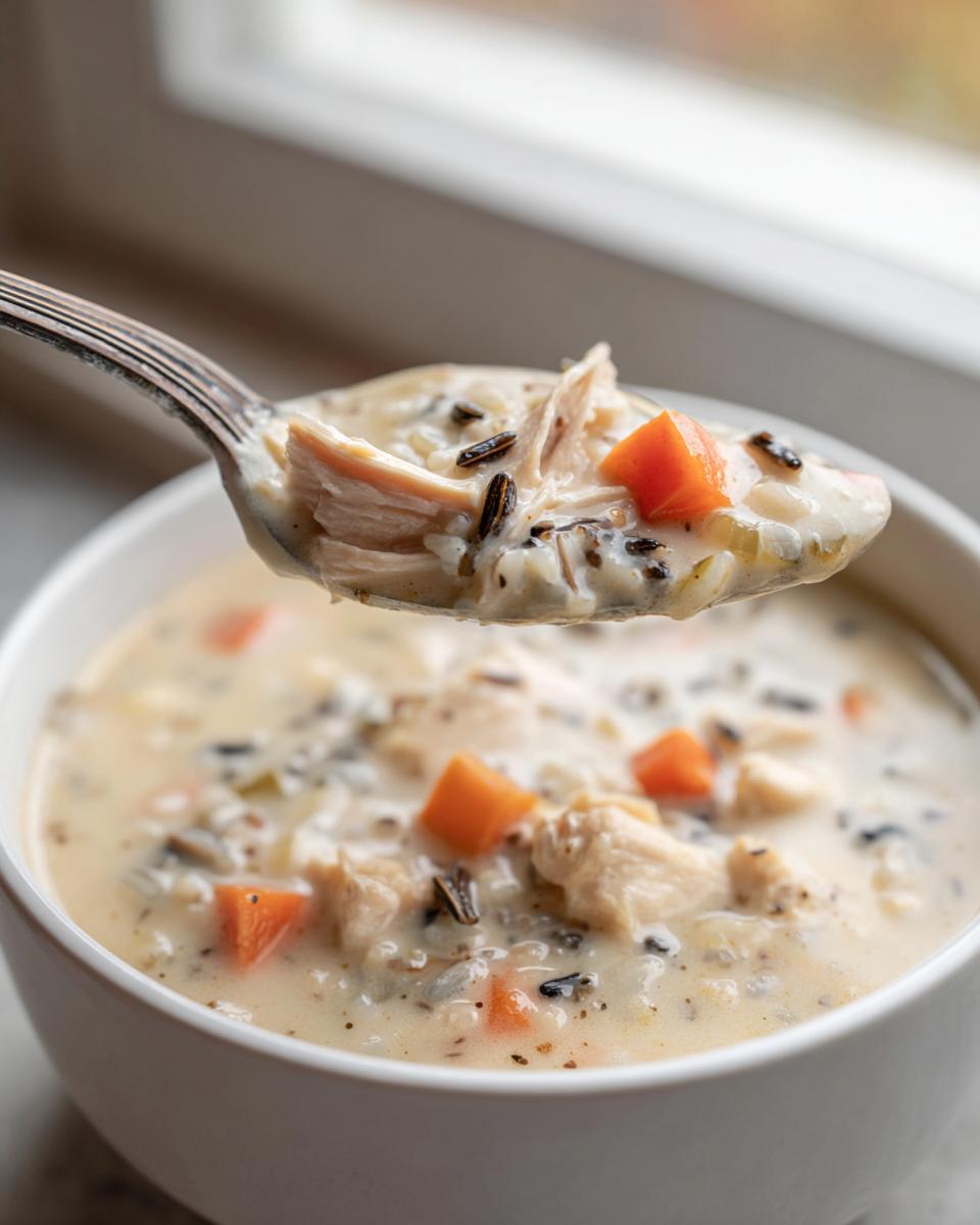 A spoonful of creamy chicken wild rice soup, showing shredded chicken, wild rice, and diced carrots, lifted from a white bowl.