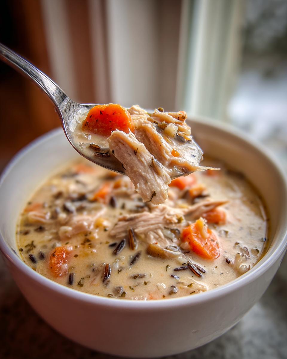 A spoonful of creamy chicken wild rice soup showing shredded chicken and carrots being lifted from a white bowl.