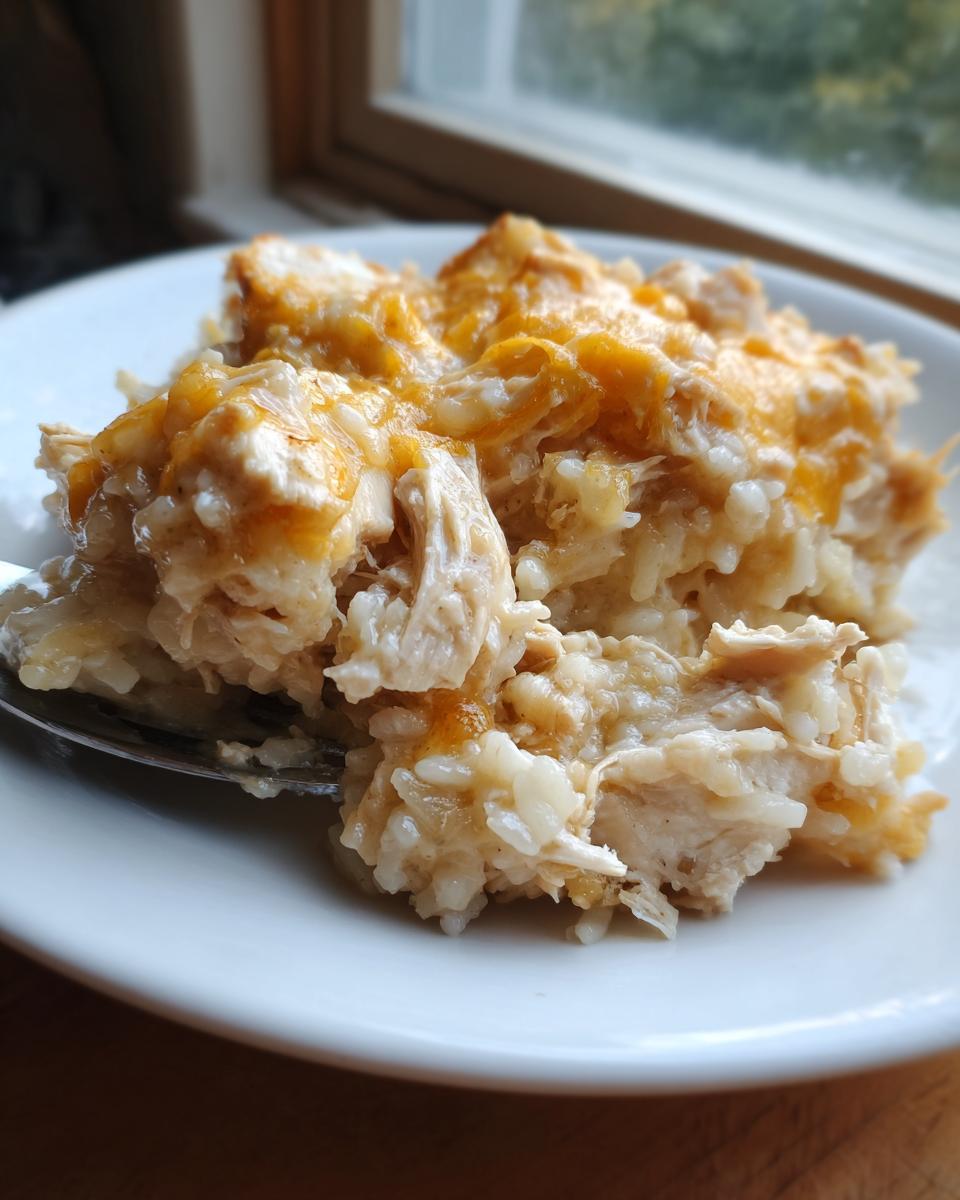 A serving of creamy crock pot chicken and rice topped with melted cheddar cheese on a white plate.
