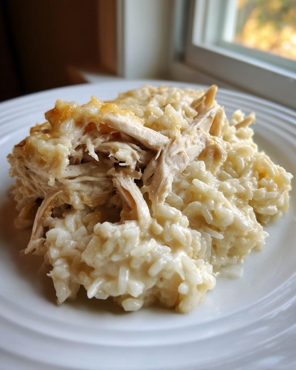 A close-up of a creamy serving of crock pot chicken and rice topped with shredded chicken.