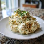 A generous mound of creamy egg salad recipe, topped with fresh dill and chives, served on a white plate.